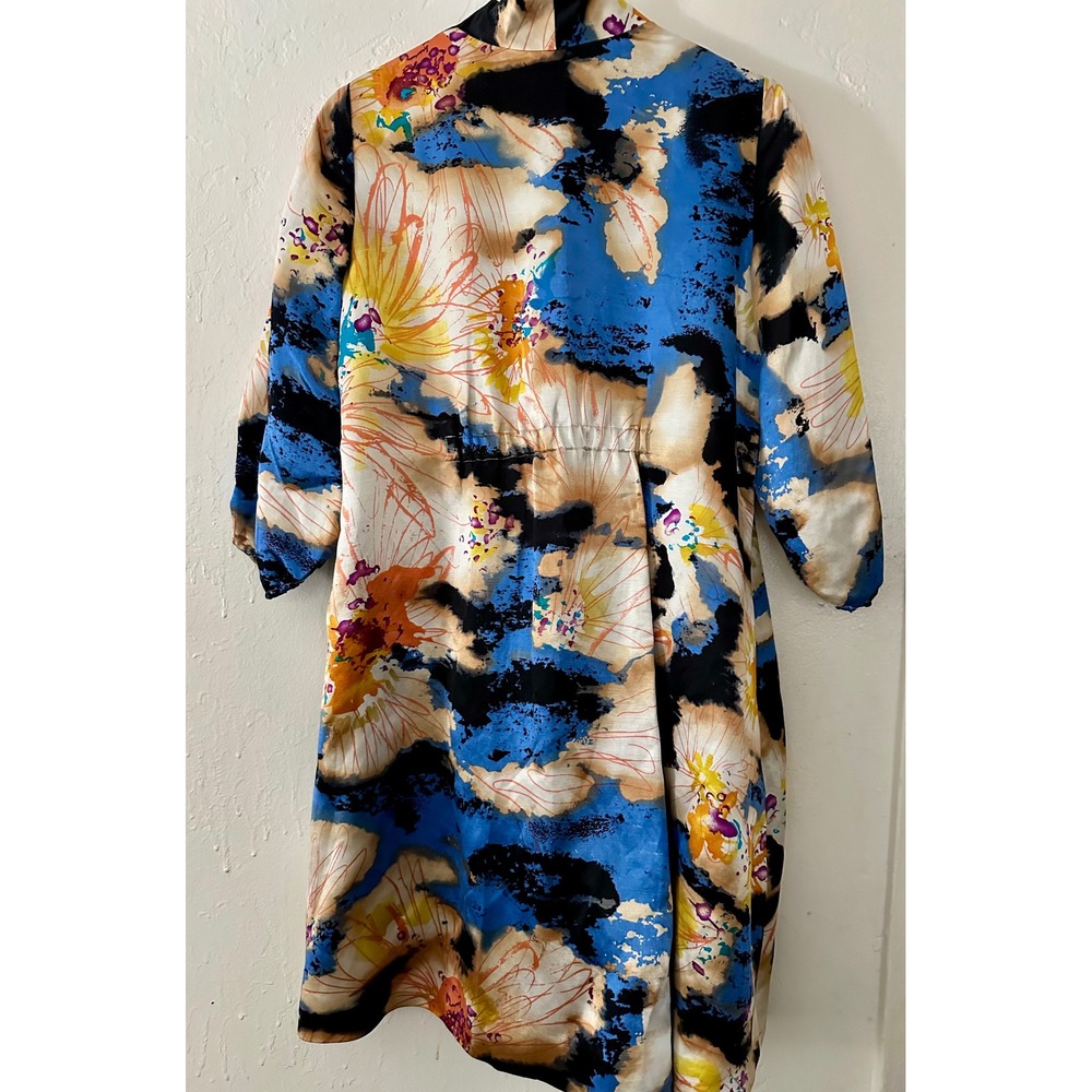 DVF Diane von Furstenberg Silk Linen "Long Zaria" Printed Jacket Coat - Size 4 - Picture 2 of 7